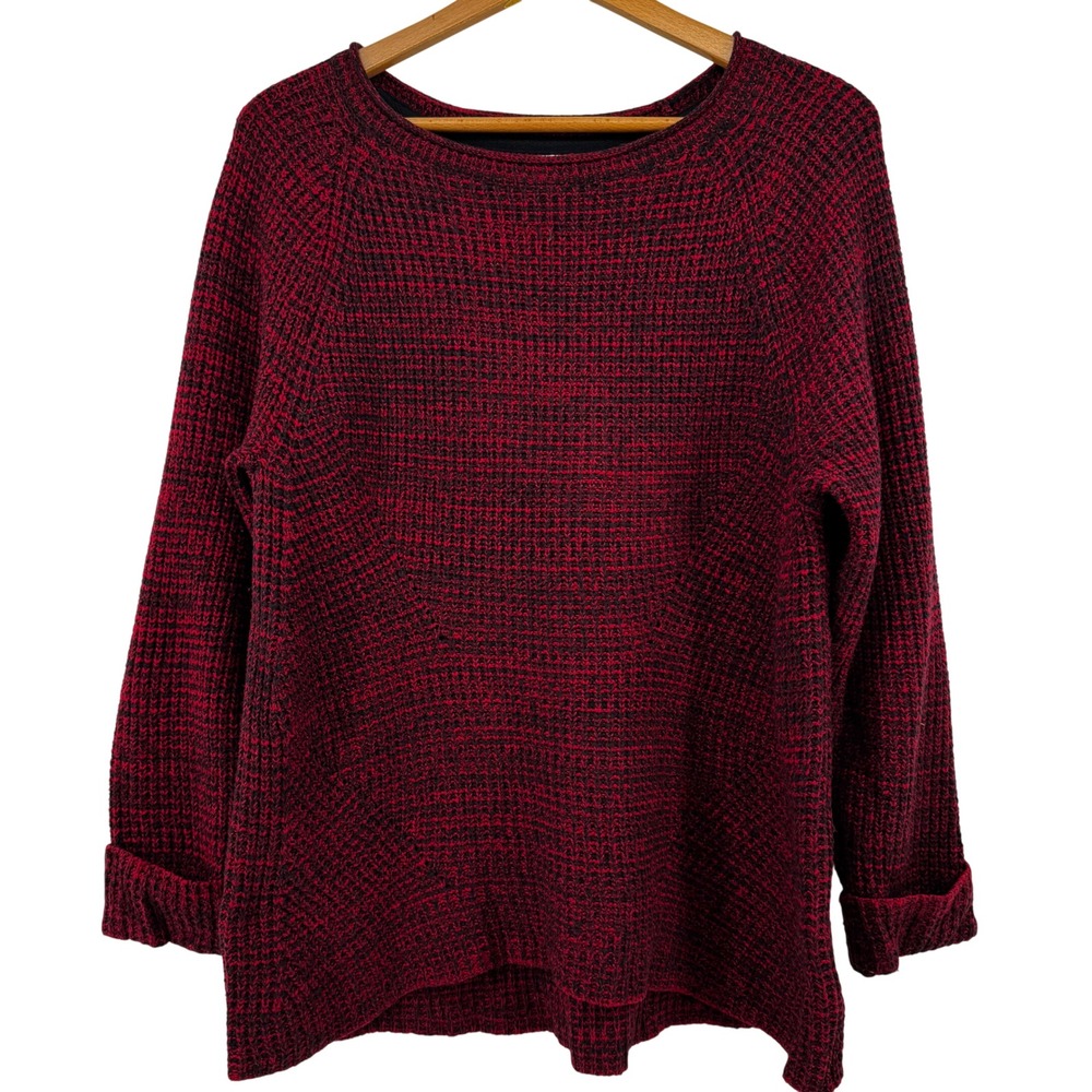 Style & Co Petite XL Red Black Marled Knit Sweater Crew Neck Cabincore Cozy PXL